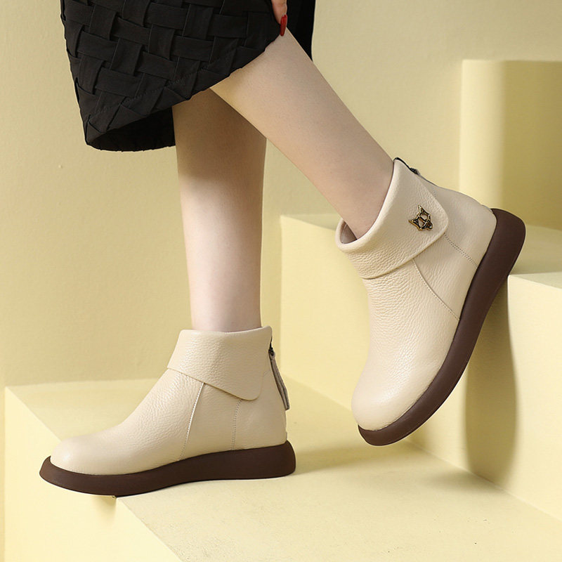 厚底真皮短靴女士休闲靴子软皮马丁靴女踝靴加绒裸靴舒适妈妈皮鞋