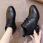 真皮短靴子女冬新款 女鞋 系带马丁靴舒适软皮软底妈妈皮鞋 加绒棉鞋