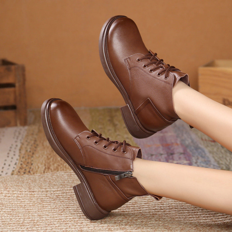 真皮短靴圆头平底马丁靴女2025新款秋冬女鞋皮鞋大码加绒休闲靴子,女鞋,马丁靴,淘宝优惠券,粉丝福利购,淘宝优惠卷