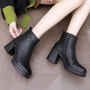 真皮短靴女粗跟防水台高跟鞋棉皮鞋冬款女靴子厚底加绒黑色瘦瘦靴