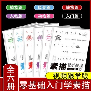 铅笔画入门静物植物动物人物风景篇新手初学自学手绘临摹教材绘画美术书籍画画训练艺术速写赏析正版 素描基础教程全6本 视频跟学版