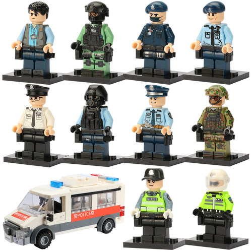 军事人偶香港警察PTU机动部队ASU机场特警人仔冲锋车拼装积木玩具