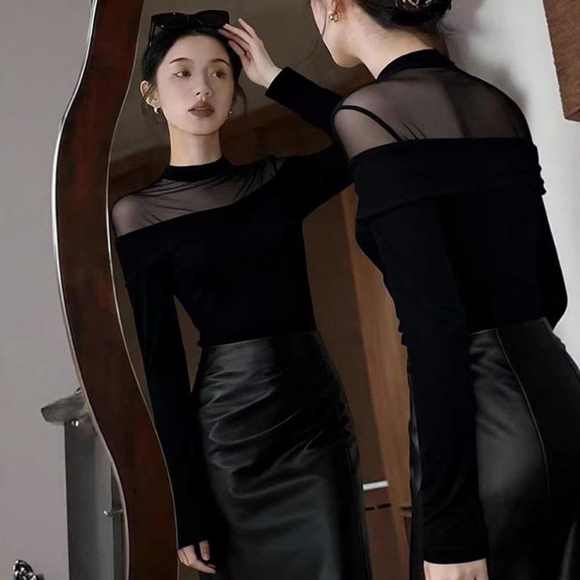 半高领纯欲辣妹修身网纱拼接v领打底衫女早春内搭长袖显瘦t恤上衣