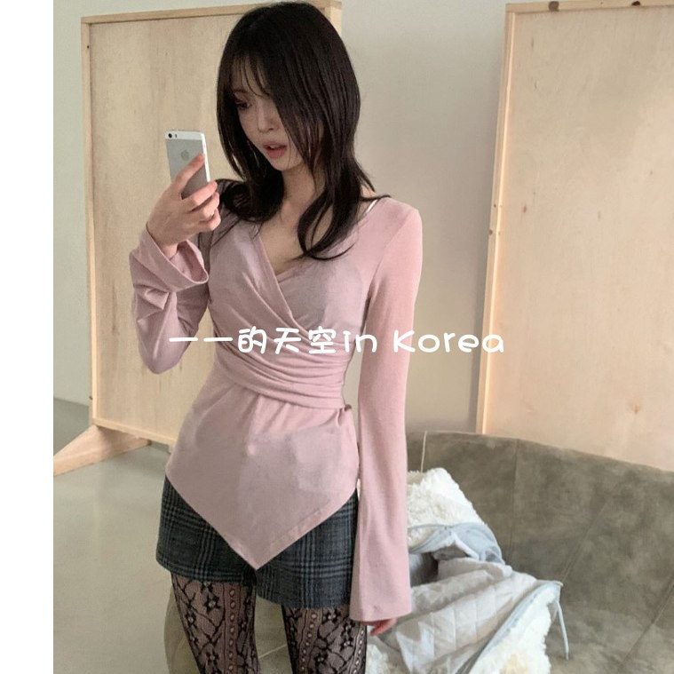 纯欲风v领上衣韩国代购东大门2025秋新款独特褶皱设计修身长袖t恤