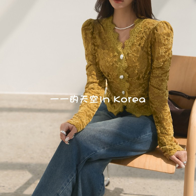 轻熟风蕾丝衫韩国代购2025秋季女装新款精致复古v领泡泡长袖衬衫