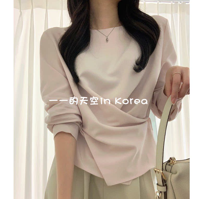 韩国代购衬衫2025秋季女装新款温柔风侧系扣设计圆领纯色长袖上衣