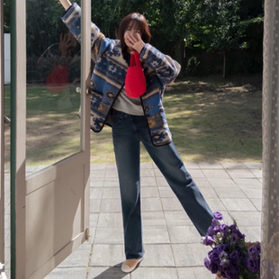 笔直显瘦裤子 韩国代购正品2024秋冬新款复古磨白女士直筒牛仔裤