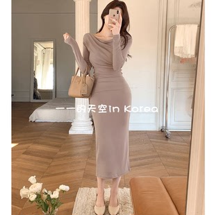 优雅迷人连衣裙韩国代购正品2026春季新款弹力修身轻熟风垂领裙子