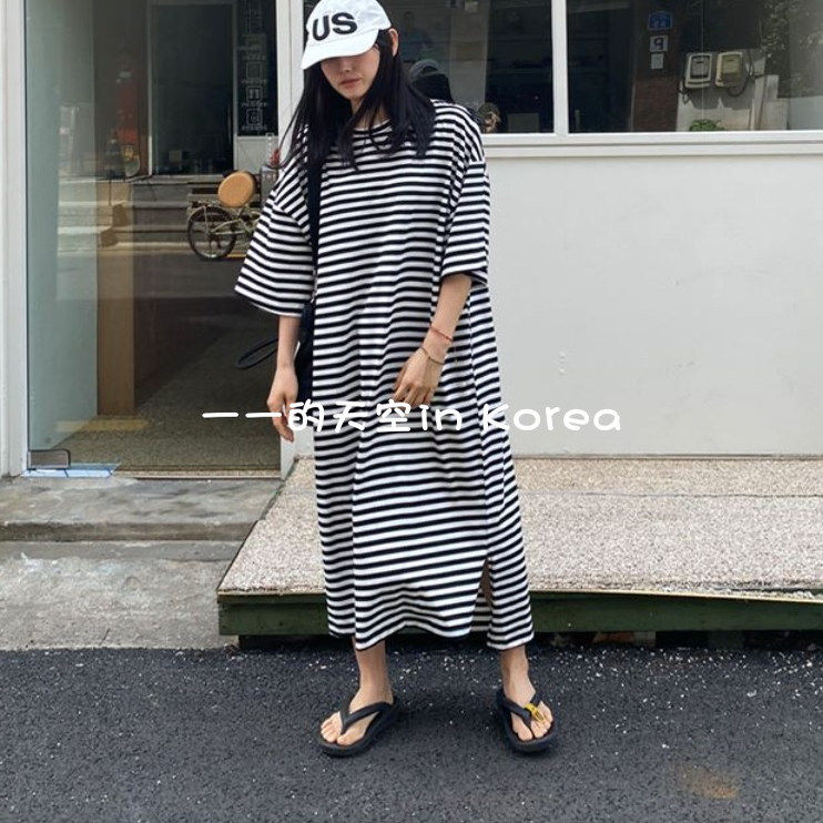 慵懒风t恤裙 韩国代购2025秋女装新款宽松休闲显瘦条纹短袖连衣裙,女装/女士精品,连衣裙,淘宝优惠券,粉丝福利购,淘宝优惠卷