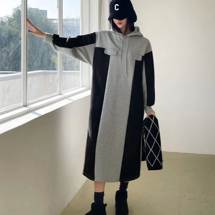 拼色连帽卫衣裙韩国代购正品2024秋冬女装时尚宽松显瘦加绒连衣裙