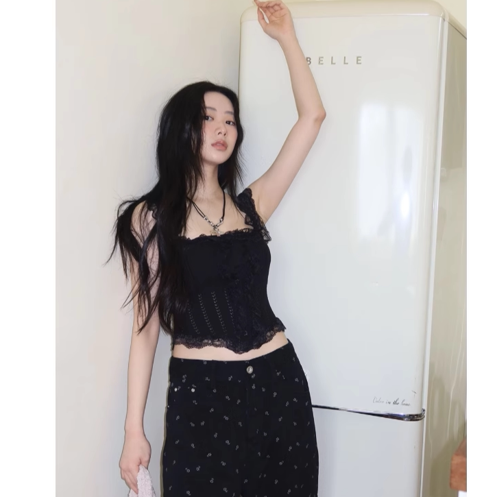 纯欲风蕾丝背心韩国代购2025春夏新款性感褶边修身弹力短款上衣女