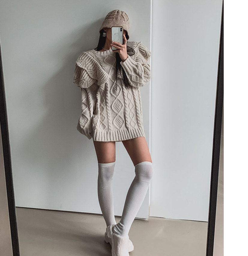 时髦俏皮韩国代购正品秋冬季女层次感荷叶边菱格麻花中长款针织衫