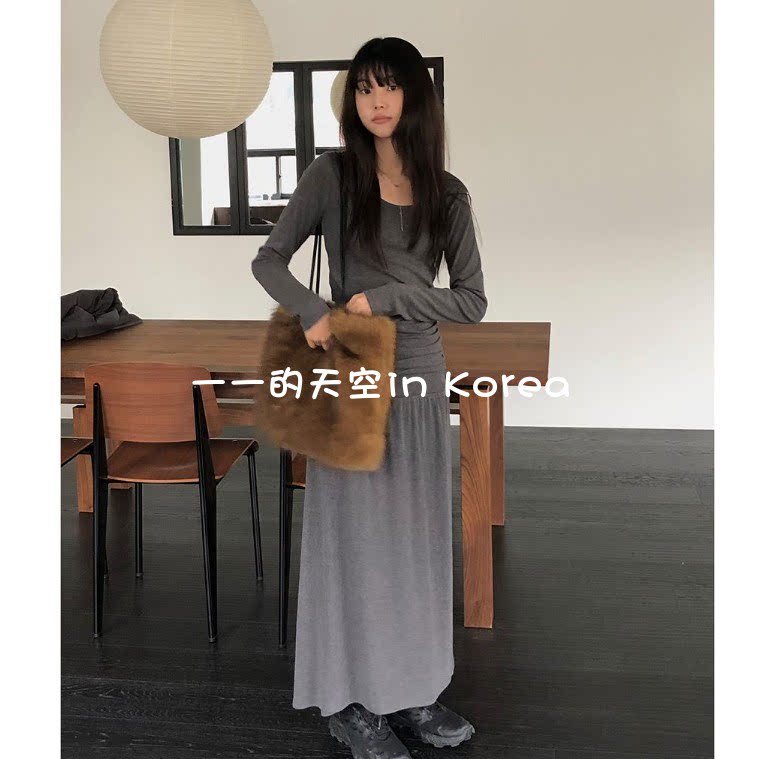 腰部褶皱设计裙子韩国代购正品2025冬季新款少女风修身长袖连衣裙