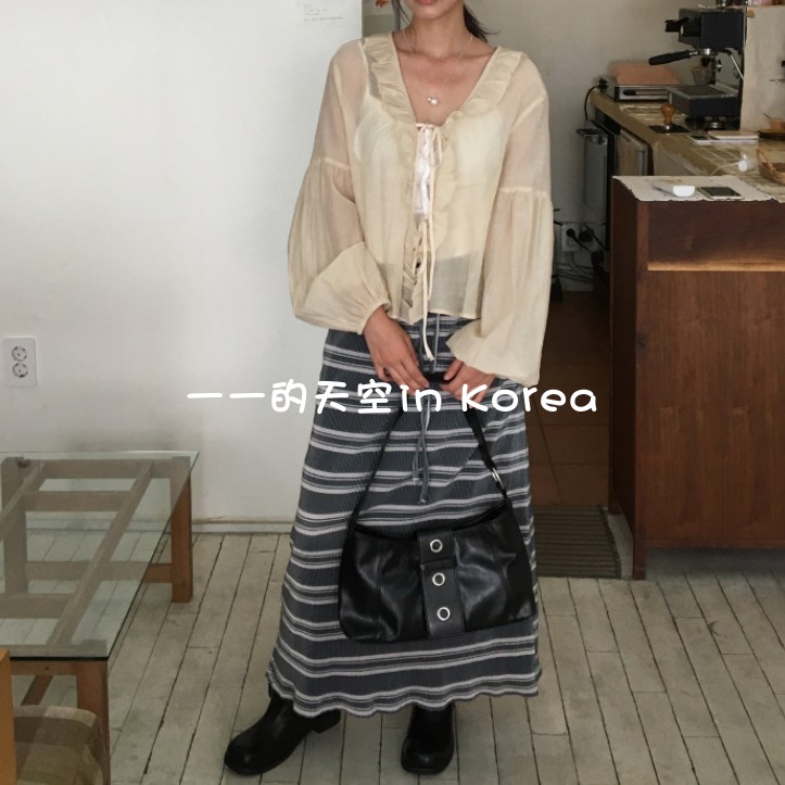 森系风半身裙韩国代购2025秋季新款系带松紧腰后开叉显瘦条纹长裙,女装/女士精品,半身裙,淘宝优惠券,粉丝福利购,淘宝优惠卷
