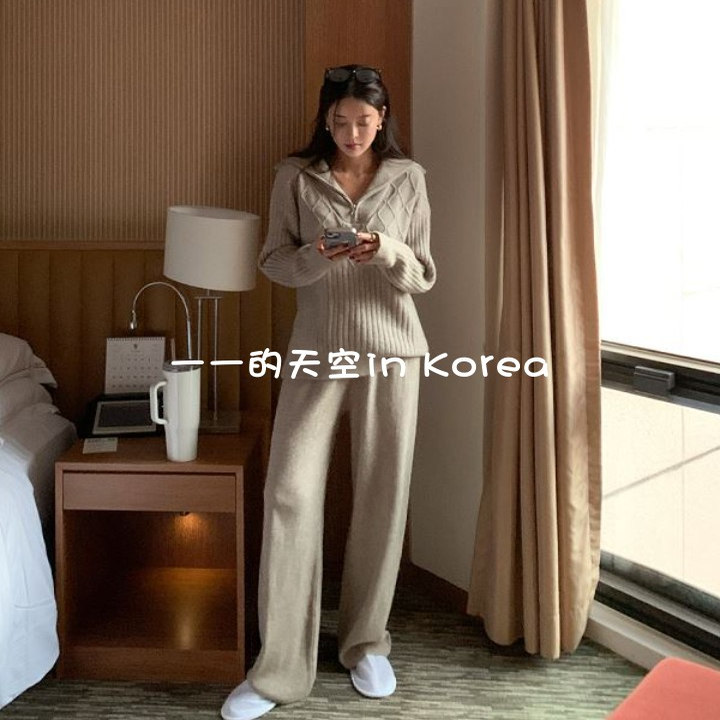 针织两件套装韩国代购秋冬女复古经典随性翻领针织衫加长裤两件套