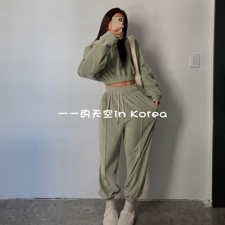 韩国代购运动裤 秋冬女装新款系带松紧腰宽松温暖束脚丝绒休闲裤