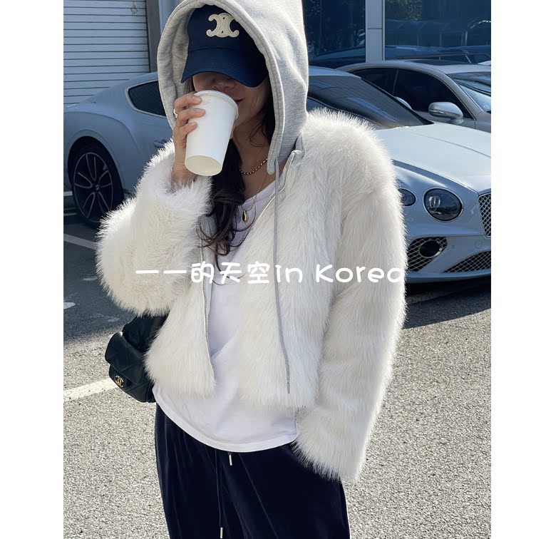 人造毛毛外套韩国代购2025冬季女装新款时尚保暖可拆帽子拉链夹克