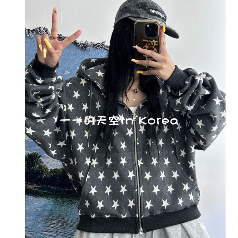 星星图案连帽衫韩国代购2025秋季女装新款街头潮款宽松拉链短外套