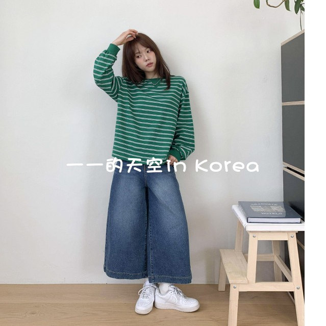 学院风条纹上衣 韩国代购正品2025秋女装新款纯棉宽松显瘦长袖t恤