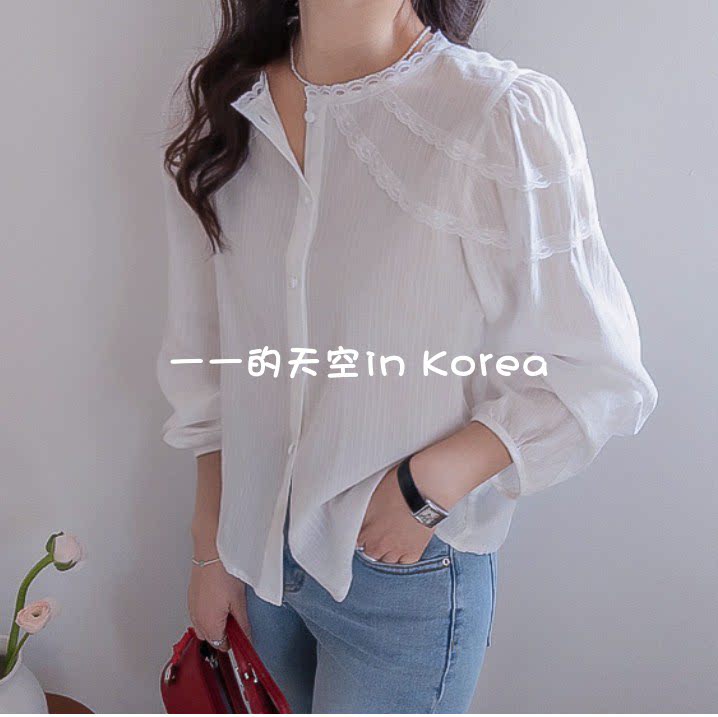 温柔蕾丝装饰衬衣韩国代购东大门2026春女装新款宽松纯色系扣衬衫