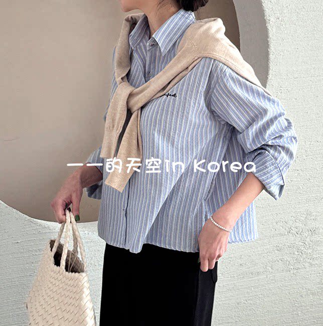 小清新衬衣韩国代购正品2025春季女装减龄百搭宽松长袖竖条纹衬衫