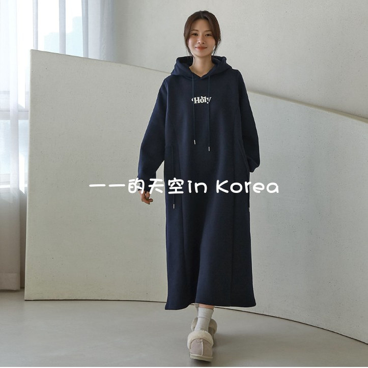 加绒连帽卫衣裙韩国代购正品2025冬季女装长款休闲宽松字母连衣裙