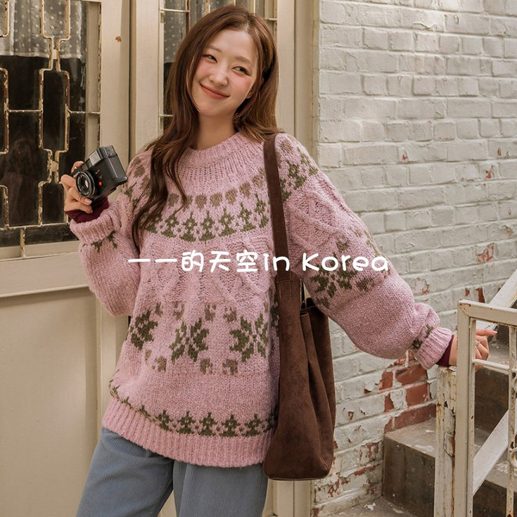 可爱雪花图案韩国代购2025冬季女装新款甜美风复古圆领宽松针织衫