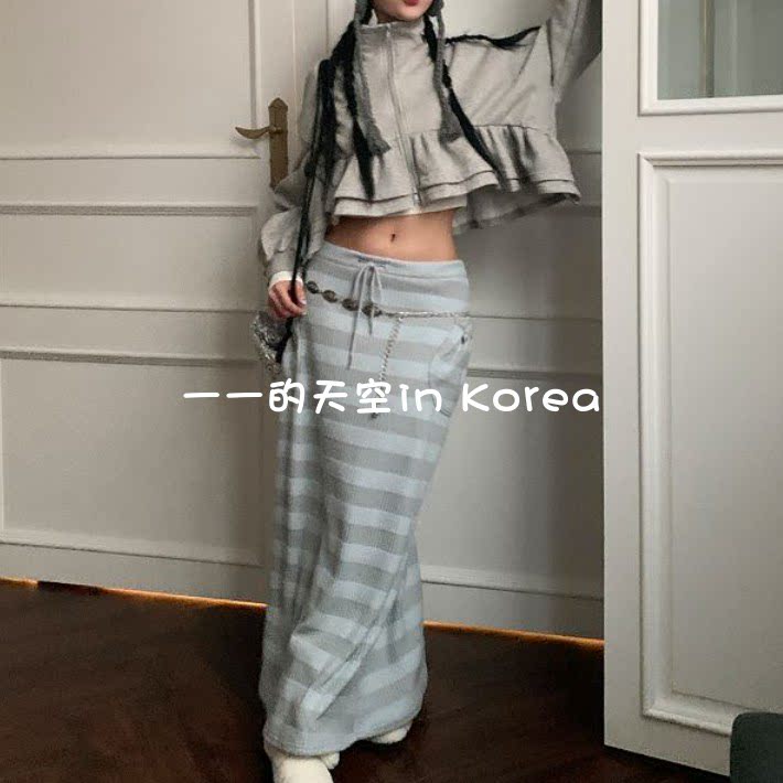 潮范儿半身裙 韩国代购正品2025春季新款抽绳系带显瘦条纹长裙子