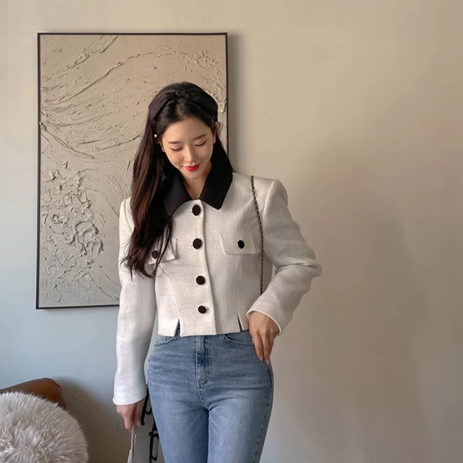 现 千金风小个子韩国订购黑白配色洋气夹克秋季女装小香风短外套