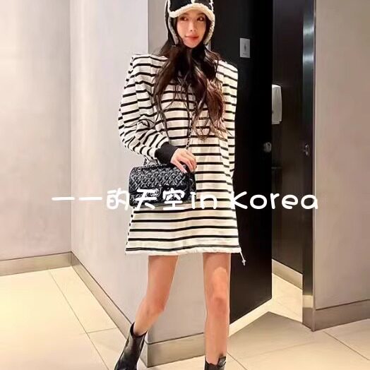 现 条纹卫衣裙 韩国订购秋冬女装短款小个子时尚长袖加绒连衣裙