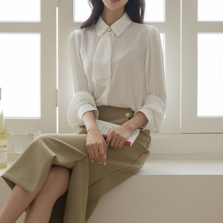 优雅通勤知性衬衣 韩国代购2024秋季女装珍珠扣气质褶皱长袖衬衫