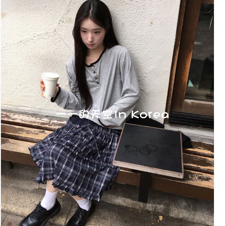 学院风格子裙韩国代购正品2026秋新款少女感减龄松紧腰拼接半身裙