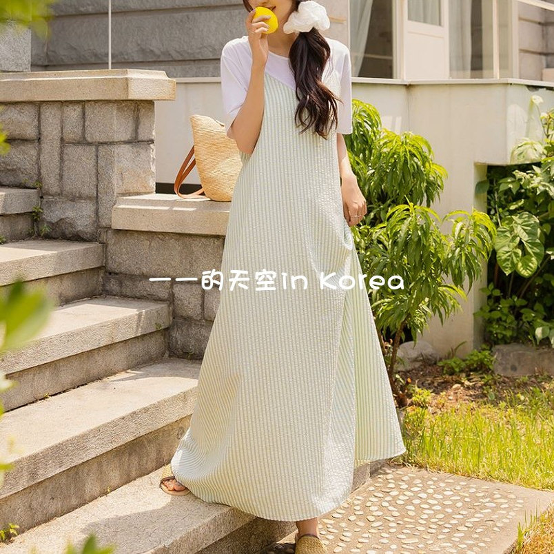 少女风吊带裙韩国代购2025夏季新款宽松大码系带天丝竖条纹连衣裙