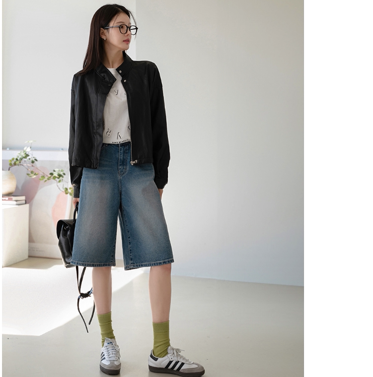 韩国代购中裤 2025春夏新款帅气个性松紧腰复古宽松阔腿牛仔裤女