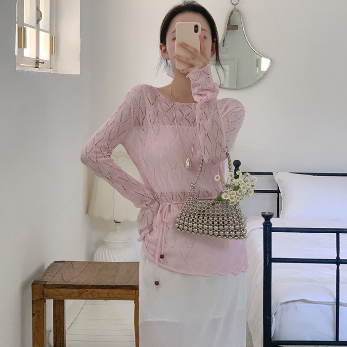 甜美风针织衫韩国代购2025夏季女装薄款菱格镂空透气系带长袖罩衫