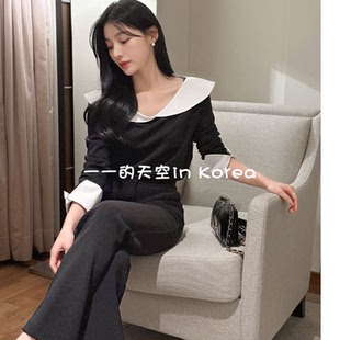 优雅翻领上衣韩国代购正品2026春季女装新款黑白配色显瘦长袖t恤