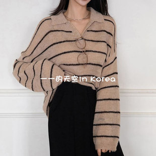 羊毛羊驼毛混纺韩国代购2025秋冬女装新款宽松翻领条纹针织衫