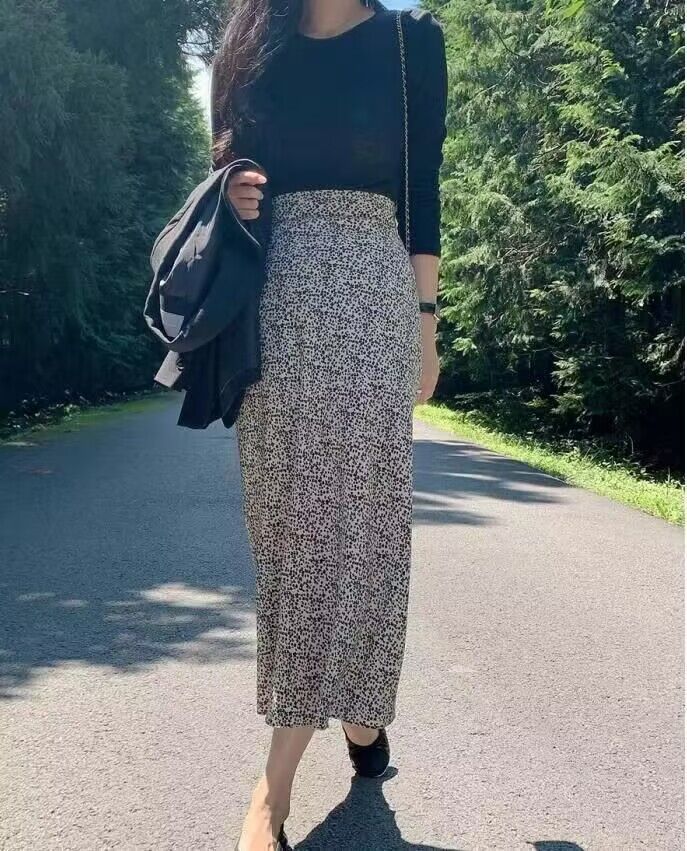 清仓现 韩国订购春秋新款高腰气质百搭法式轻熟显瘦印花半身长裙