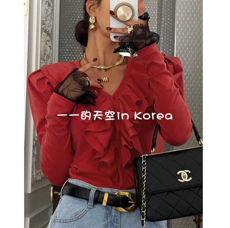 名媛千金风上衣韩国代购正品2026春季女装新款复古荷叶边系扣t恤