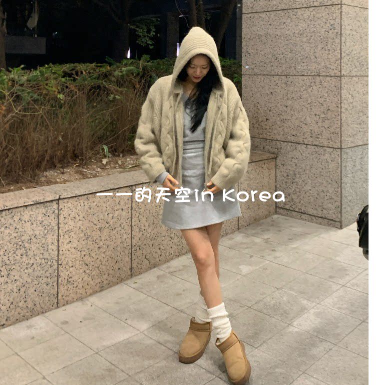 麻花针织连帽衫韩国代购2025秋冬女装可爱减龄连帽双拉链毛衣开衫