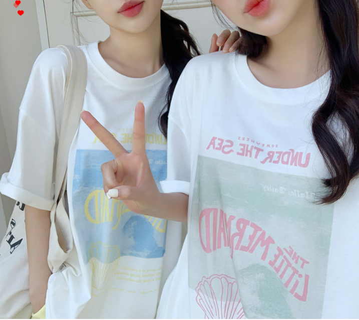 现货小美人鱼tee韩国代购2024夏季女装清新少女风宽松印花短袖t恤