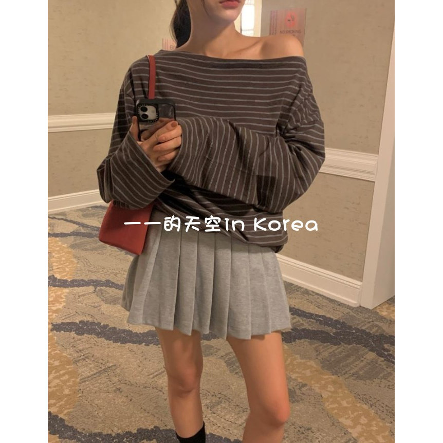 纯欲风露肩衫 韩国东大门代购2025新款秋女装露肩显瘦条纹长袖t恤