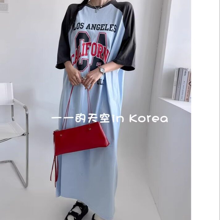 插肩袖连衣裙韩国代购正品2025春夏女装长款休闲拼色字母短袖裙子