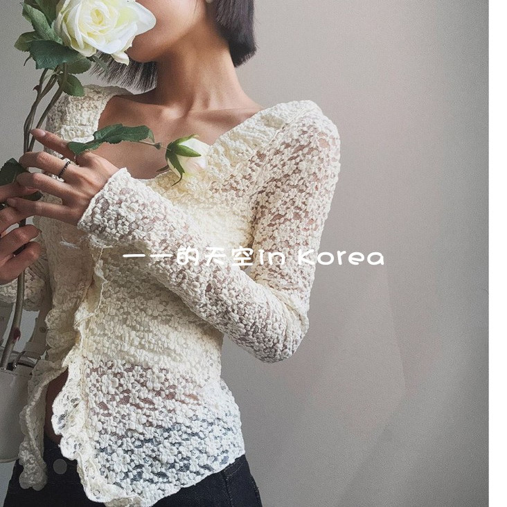 法式蕾丝开衫韩国代购正品2025秋女装新款温柔修身荷叶边长袖衬衫