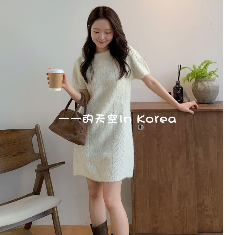 短袖针织裙子韩国代购2025冬季女装新款千金风舒适柔软百搭连衣裙