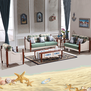 实木地中海家具 榉木美式乡村休闲沙发 韩式木架布艺沙发