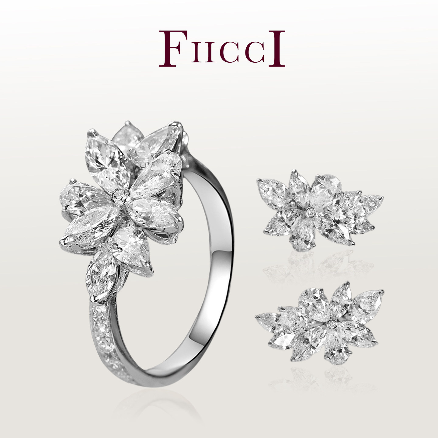 FIICCI菲伊奇 铂金培育钻石戒指耳钉套装繁花设计水滴形群镶首饰