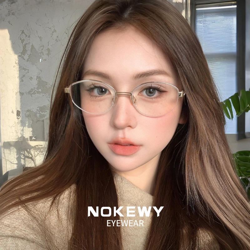 新款老钱风半框眼镜近视女度数可配椭圆格雷系金丝素颜防蓝光眼睛