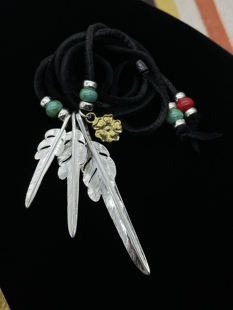 思涵银工坊LarrySmith余文乐同款925纯银风切羽毛鹿皮绳鱼钩项链