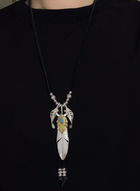 思涵银工坊HORIZON BLUE925纯银松石羽毛鹿皮绳男女小众日潮项链